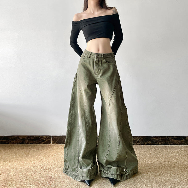 High Waist Wide Leg Panelled Denim Jeans - Army Green - Vedlit