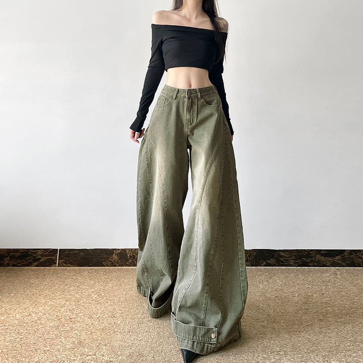 High Waist Wide Leg Panelled Denim Jeans - Army Green - Vedlit