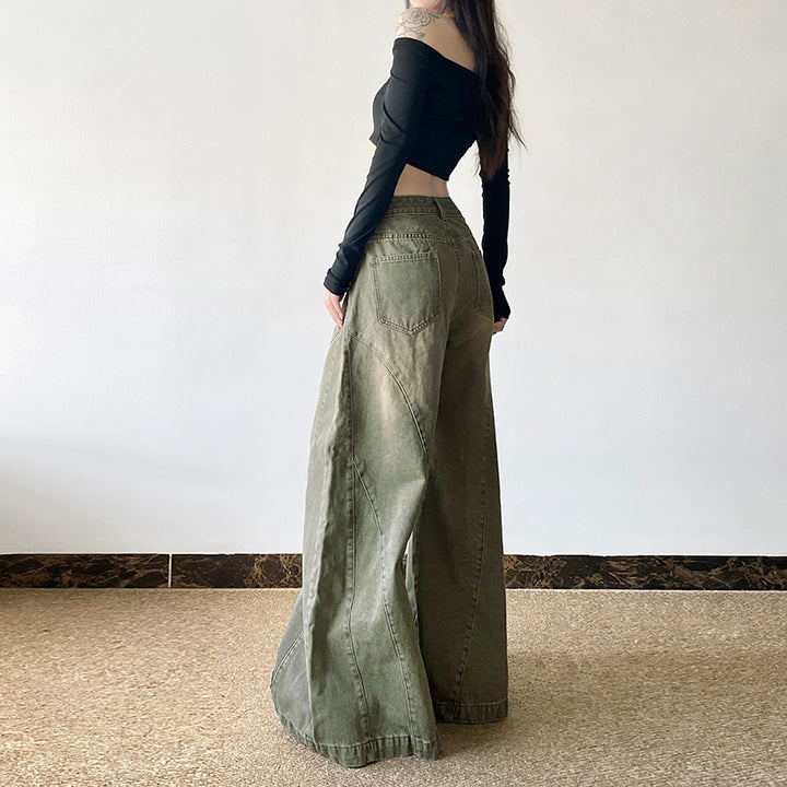 High Waist Wide Leg Panelled Denim Jeans - Army Green - Vedlit