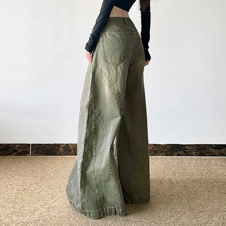 High Waist Wide Leg Panelled Denim Jeans - Army Green - Vedlit