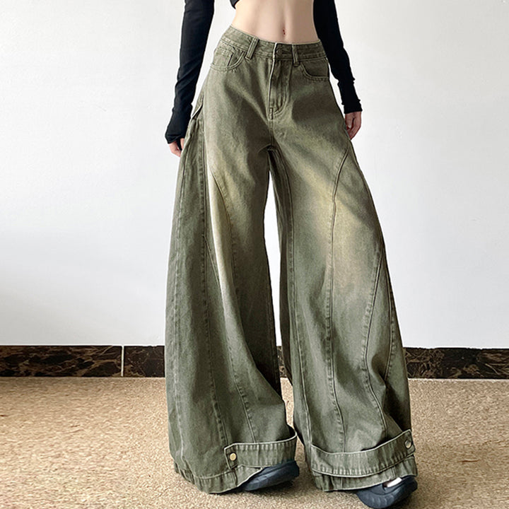 High Waist Wide Leg Panelled Denim Jeans - Army Green - Vedlit