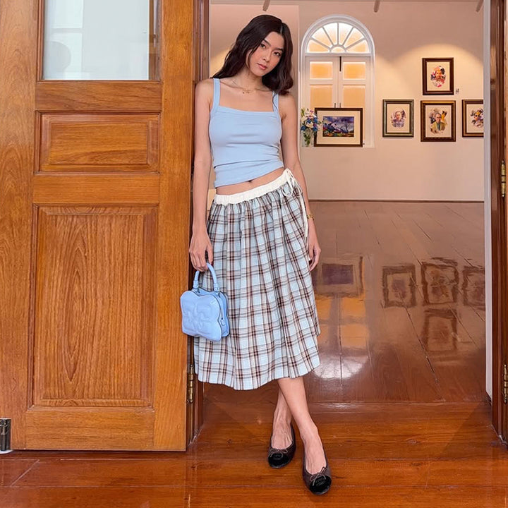 High-Waisted Plaid Drawstring Midi Skirt – Soft Blue Check - Vedlit
