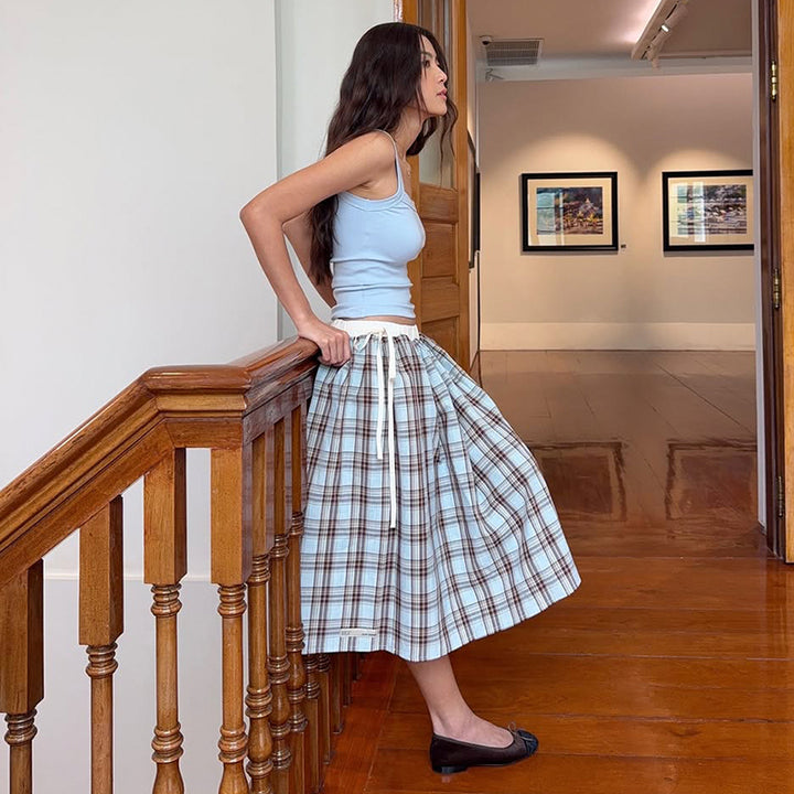 High-Waisted Plaid Drawstring Midi Skirt – Soft Blue Check - Vedlit