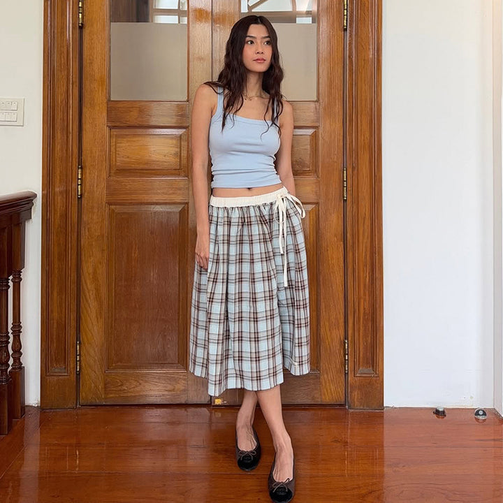 High-Waisted Plaid Drawstring Midi Skirt – Soft Blue Check - Vedlit