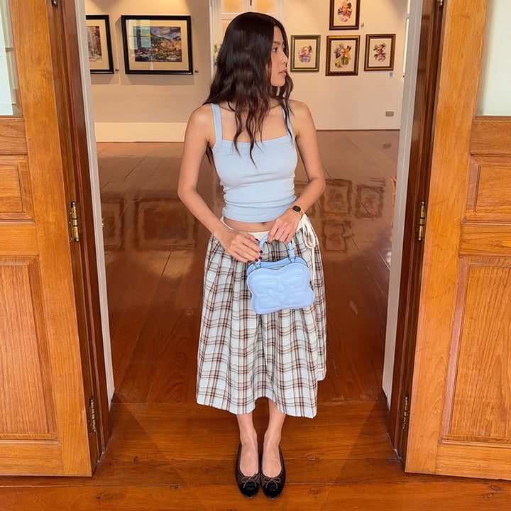 High-Waisted Plaid Drawstring Midi Skirt – Soft Blue Check - Vedlit