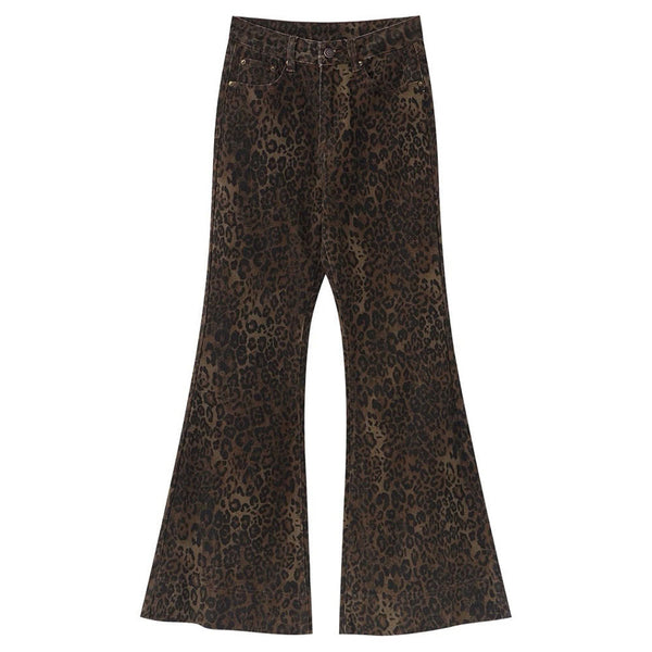High-Waisted Leopard Flare Jeans - Vedlit