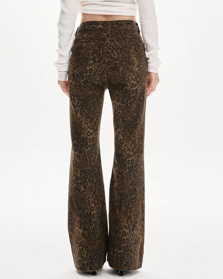 High-Waisted Leopard Flare Jeans - Vedlit
