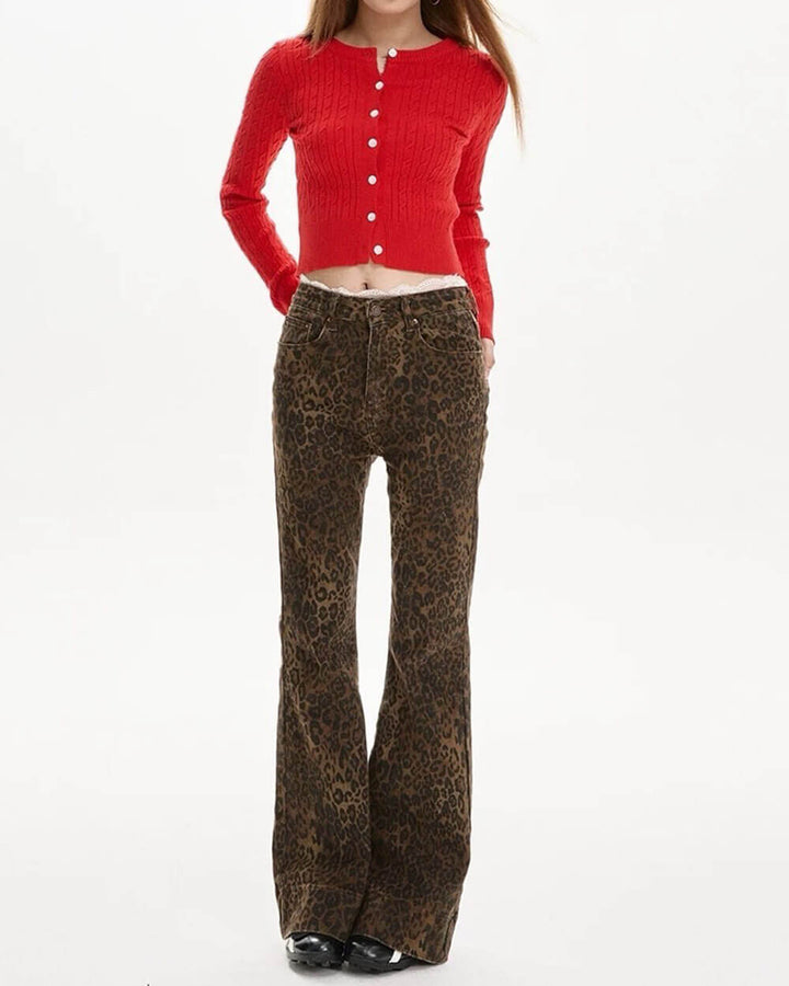 High-Waisted Leopard Flare Jeans - Vedlit