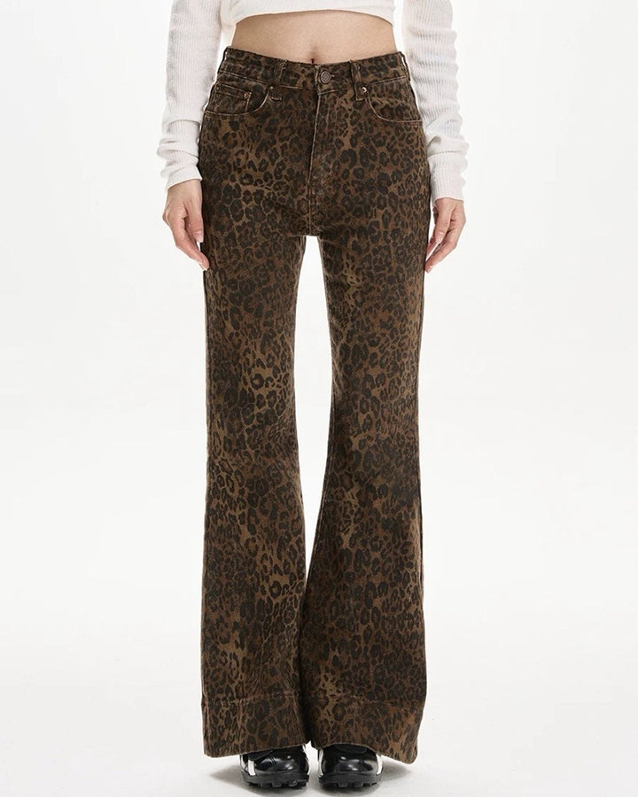 High-Waisted Leopard Flare Jeans - Vedlit