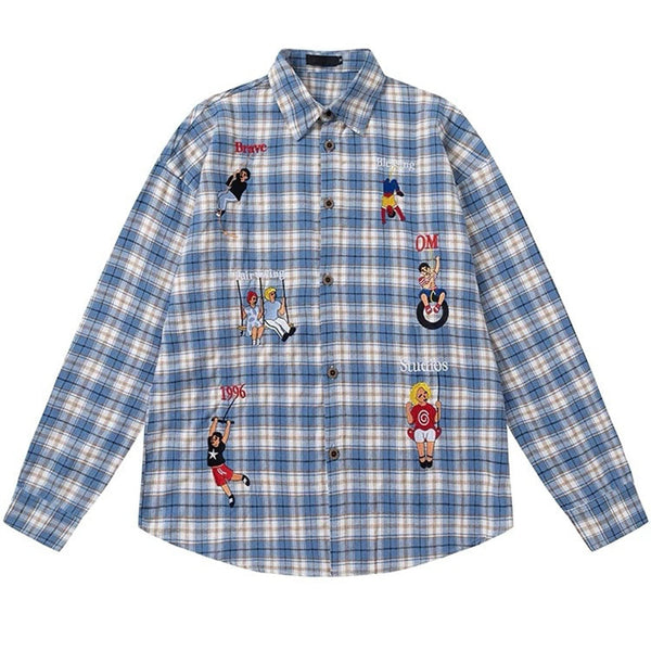 Indie Aesthetic Embroidered Plaid Shirt - Vedlit