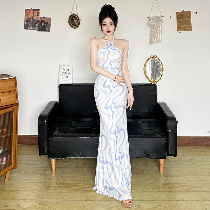 Iridescent Marble Print Halter Maxi Bodycon Dress - Vedlit