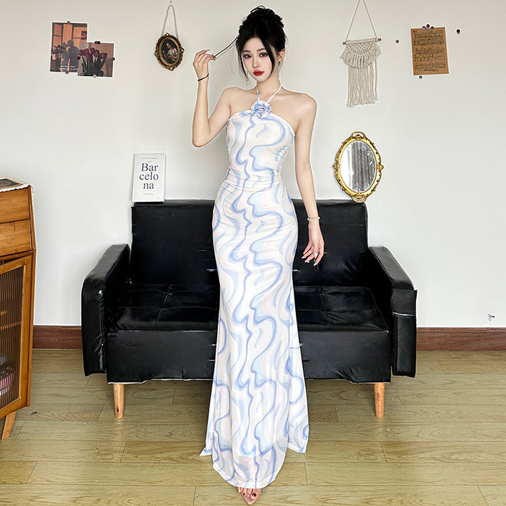 Iridescent Marble Print Halter Maxi Bodycon Dress - Vedlit