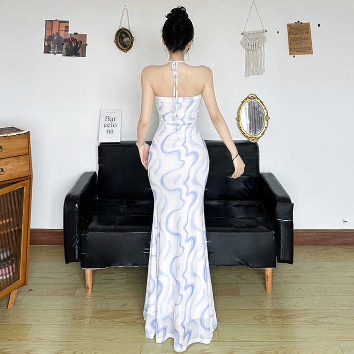 Iridescent Marble Print Halter Maxi Bodycon Dress - Vedlit