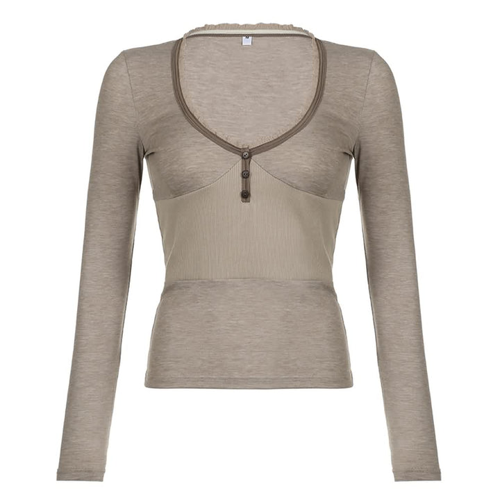 Khaki Deep V-neck Long Sleeve Top - Vedlit