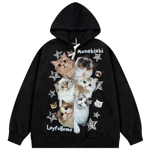 Kitten Print Oversized Hoodie - Vedlit