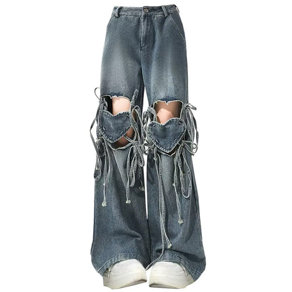 Love Knot Knee-Heart Denim Pants - Vedlit