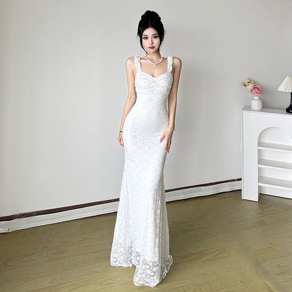 Lace Backless White Mermaid Maxi Dress for Weddings & Events - Vedlit