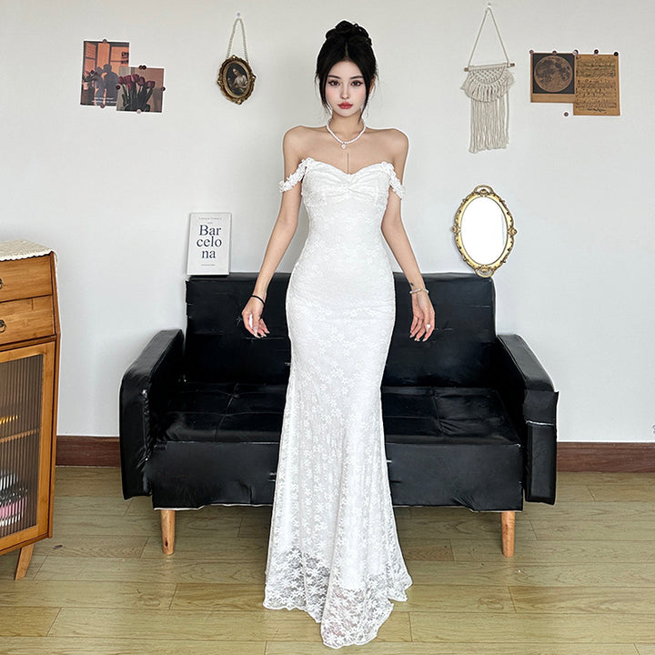 Lace Backless White Mermaid Maxi Dress for Weddings & Events - Vedlit