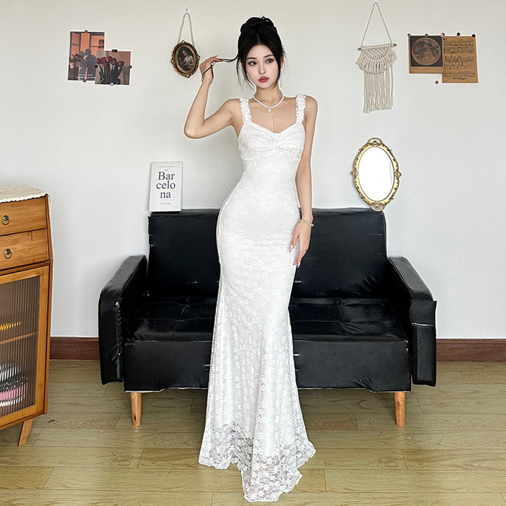 Lace Backless White Mermaid Maxi Dress for Weddings & Events - Vedlit