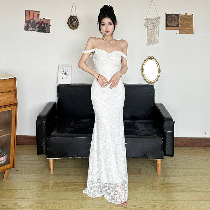 Lace Backless White Mermaid Maxi Dress for Weddings & Events - Vedlit