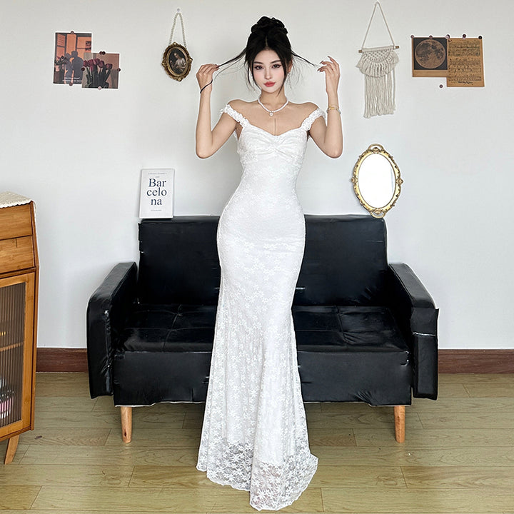 Lace Backless White Mermaid Maxi Dress for Weddings & Events - Vedlit