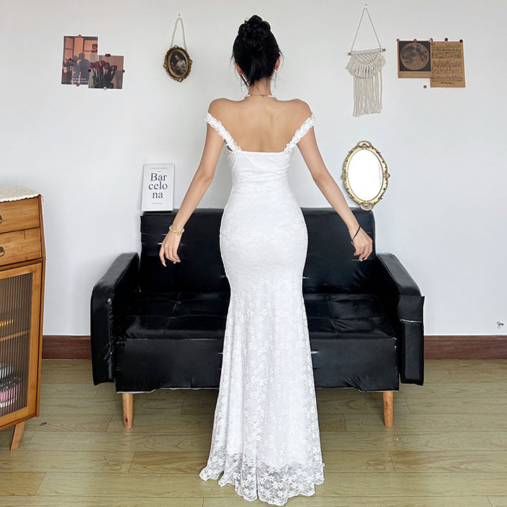 Lace Backless White Mermaid Maxi Dress for Weddings & Events - Vedlit