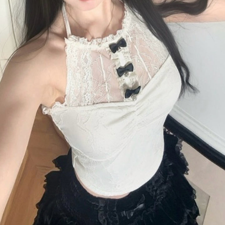 Lace Halter Top with Bows and Sheer Mesh Detail - Vedlit