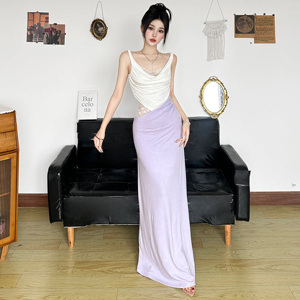 Lace Patchwork Asymmetrical Maxi Dress in Lilac White - Vedlit