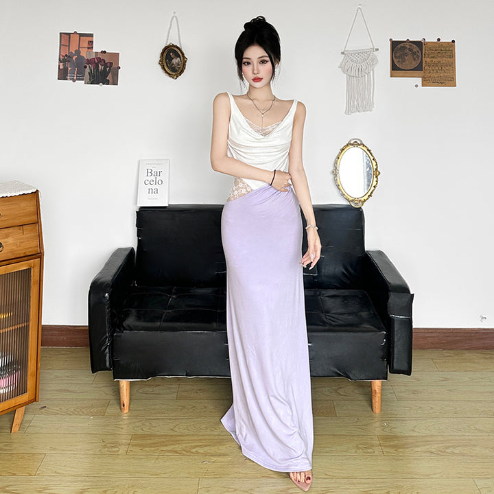 Lace Patchwork Asymmetrical Maxi Dress in Lilac White - Vedlit