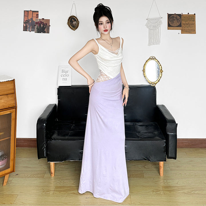 Lace Patchwork Asymmetrical Maxi Dress in Lilac White - Vedlit