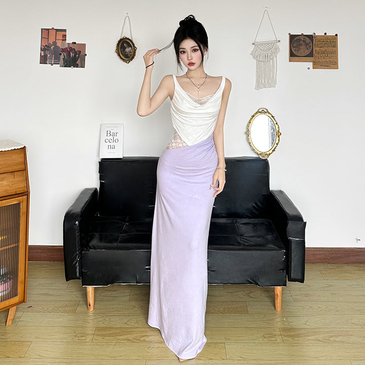 Lace Patchwork Asymmetrical Maxi Dress in Lilac White - Vedlit