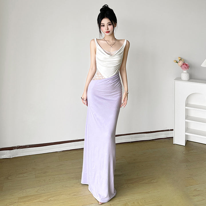 Lace Patchwork Asymmetrical Maxi Dress in Lilac White - Vedlit