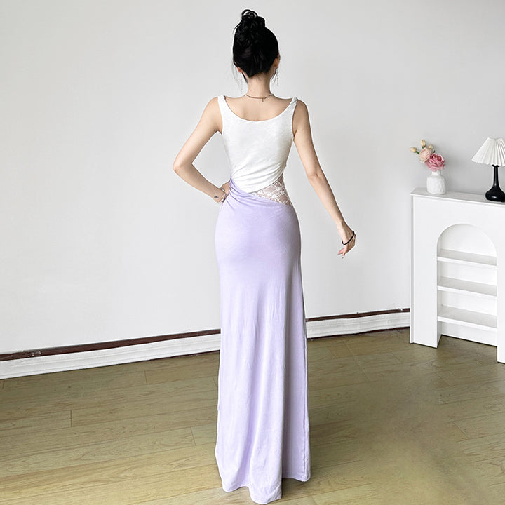 Lace Patchwork Asymmetrical Maxi Dress in Lilac White - Vedlit