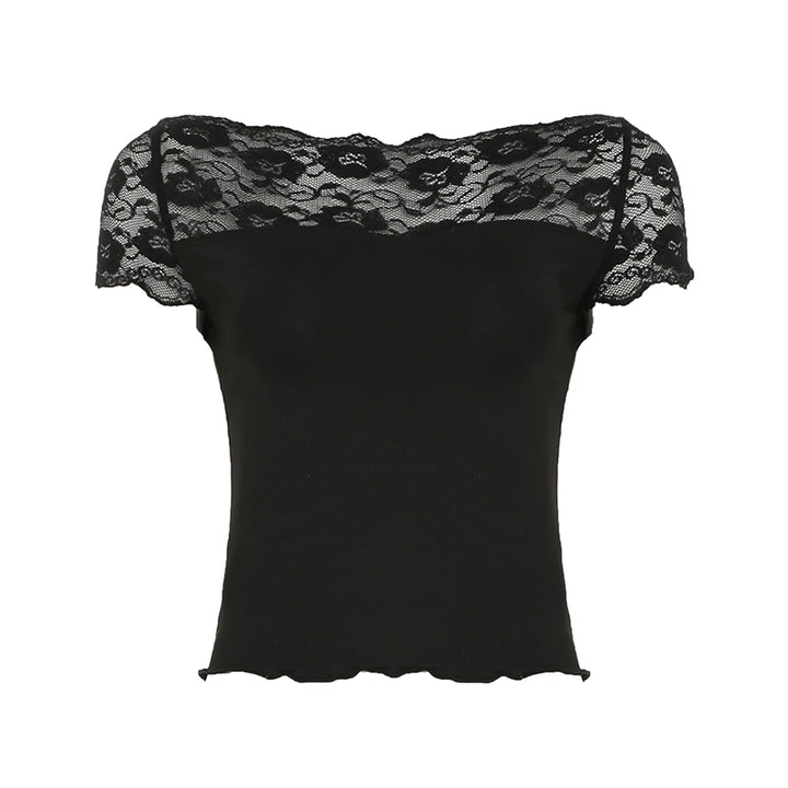 Lace Sheer Square Neck Slim Tee with Cap Sleeves - Vedlit