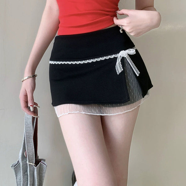 Lace Trim Bow Detail Layered Mini Skirt - Vedlit