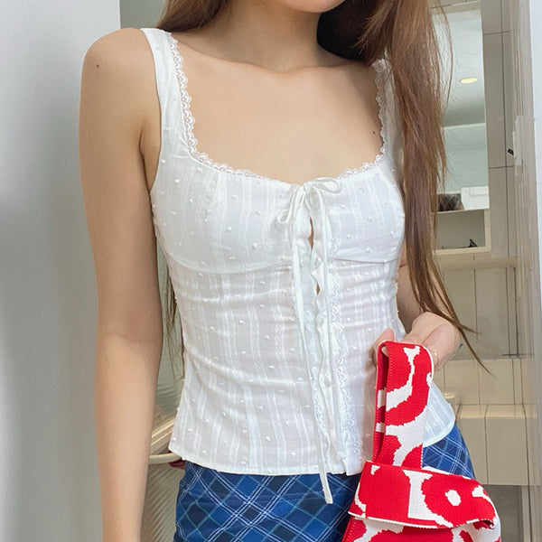 Lace Trim Bow Front Sleeveless Corset Top Aesthetic Style - Vedlit