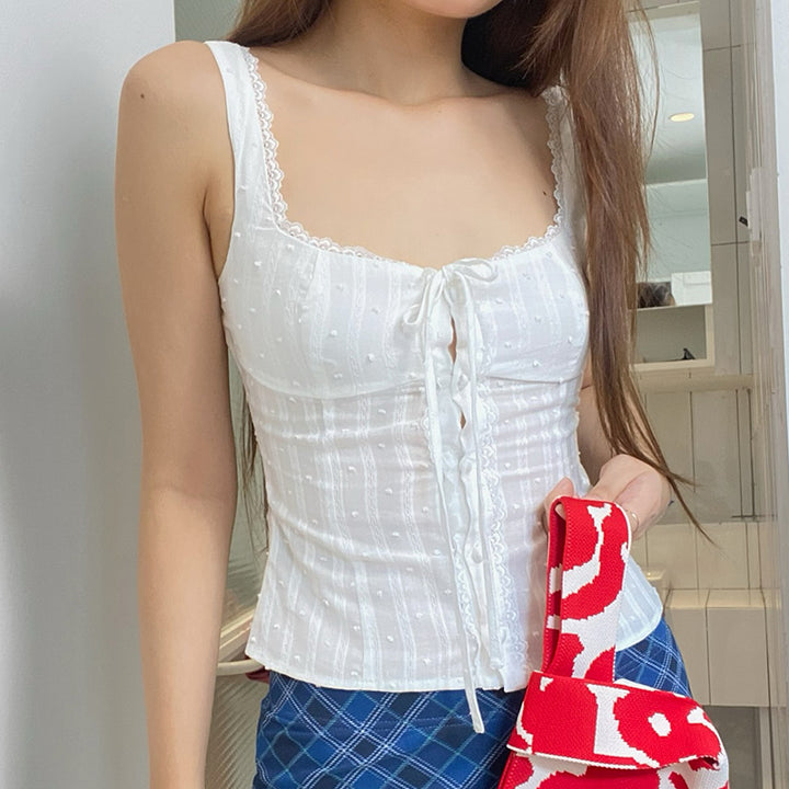 Lace Trim Bow Front Sleeveless Corset Top Aesthetic Style - Vedlit
