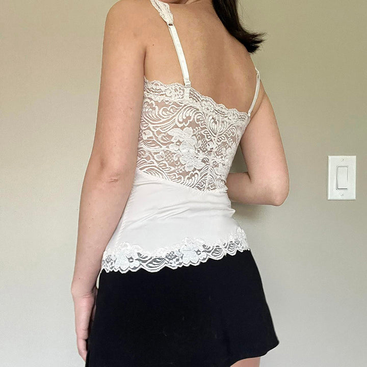 Lace Trim Corset Camisole with Sheer Floral Panels - Vedlit