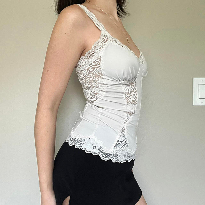 Lace Trim Corset Camisole with Sheer Floral Panels - Vedlit