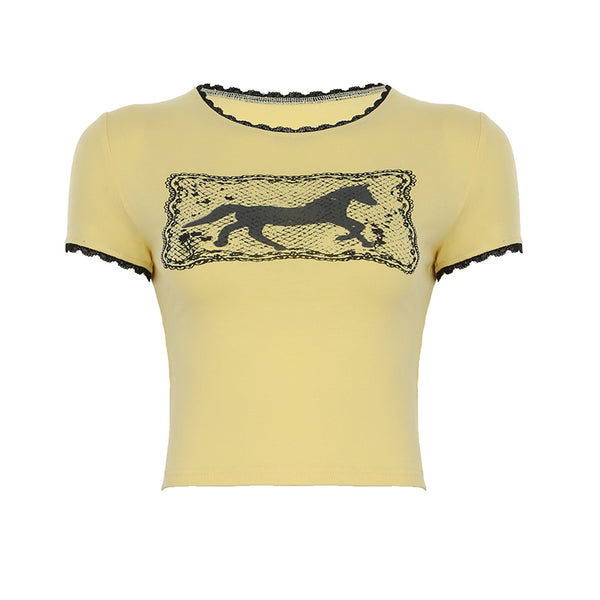 Lace Trim Horse Graphic Baby Tee – Yellow Crop Top - Vedlit