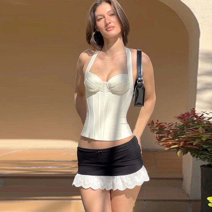 Lace Trim Low Waist Mini Skirt with Bow Detail - Vedlit