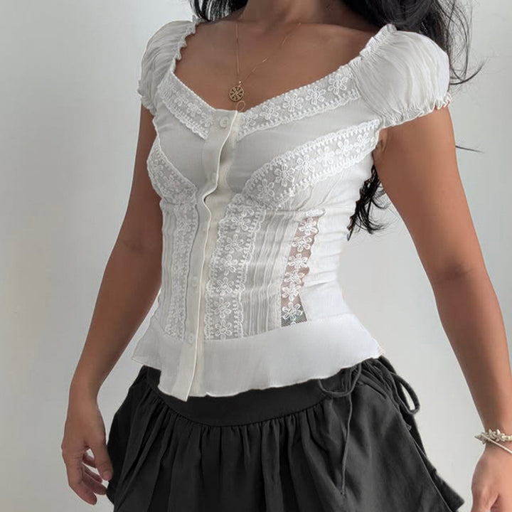 Lace Trim Pintuck Peasant Blouse with Button Front - Vedlit