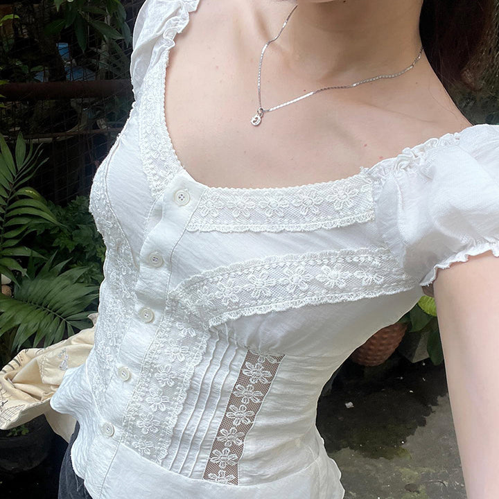 Lace Trim Pintuck Peasant Blouse with Button Front - Vedlit