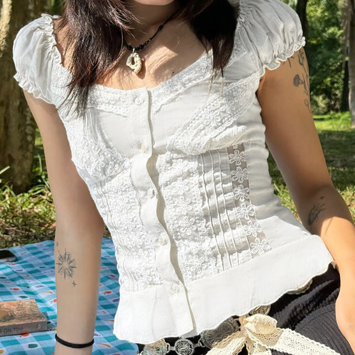 Lace Trim Pintuck Peasant Blouse with Button Front - Vedlit
