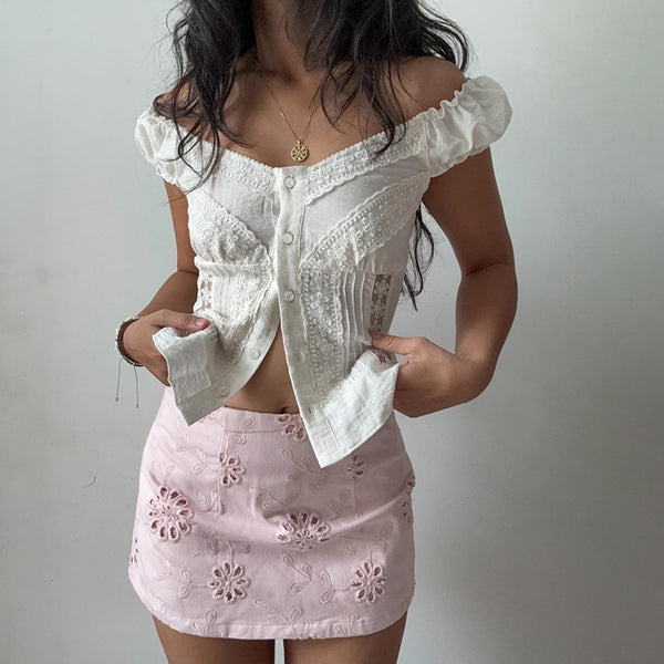 Lace Trim Pintuck Peasant Blouse with Button Front - Vedlit