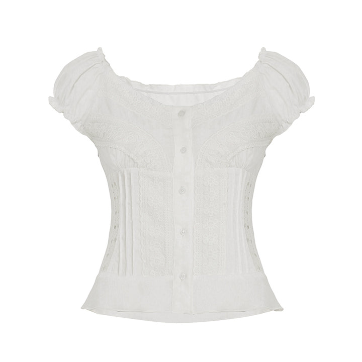 Lace Trim Pintuck Peasant Blouse with Button Front - Vedlit