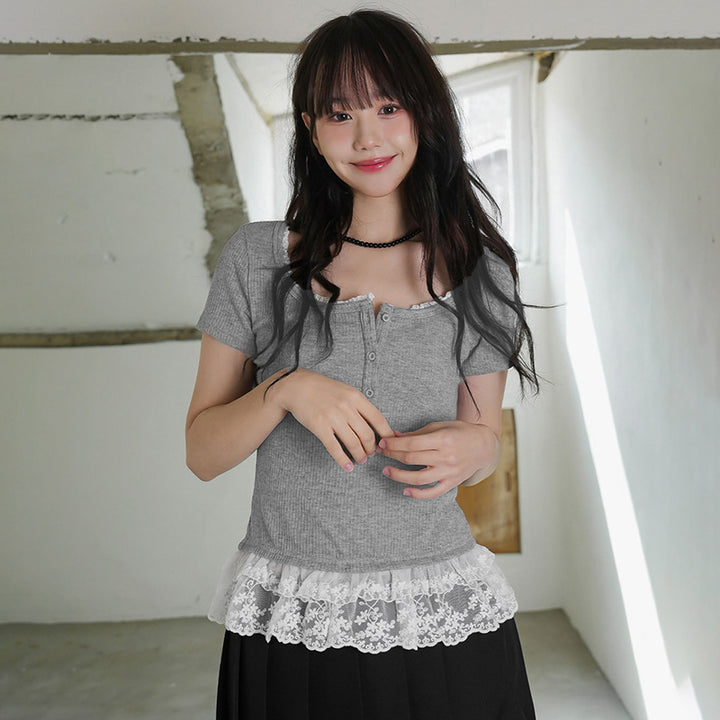 Lace Trim Ribbed Button Tee with Ruffle Hem – Grey - Vedlit
