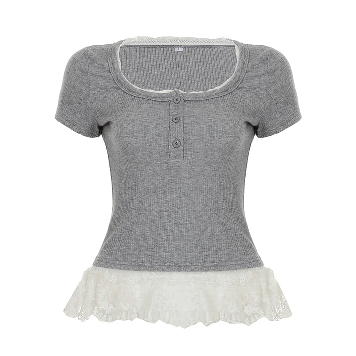 Lace Trim Ribbed Button Tee with Ruffle Hem – Grey - Vedlit