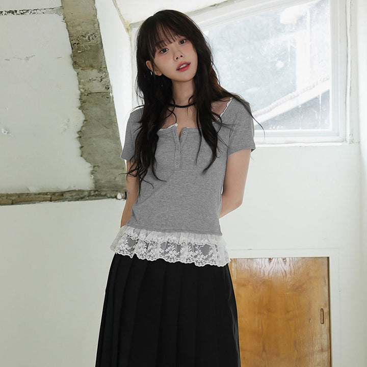 Lace Trim Ribbed Button Tee with Ruffle Hem – Grey - Vedlit