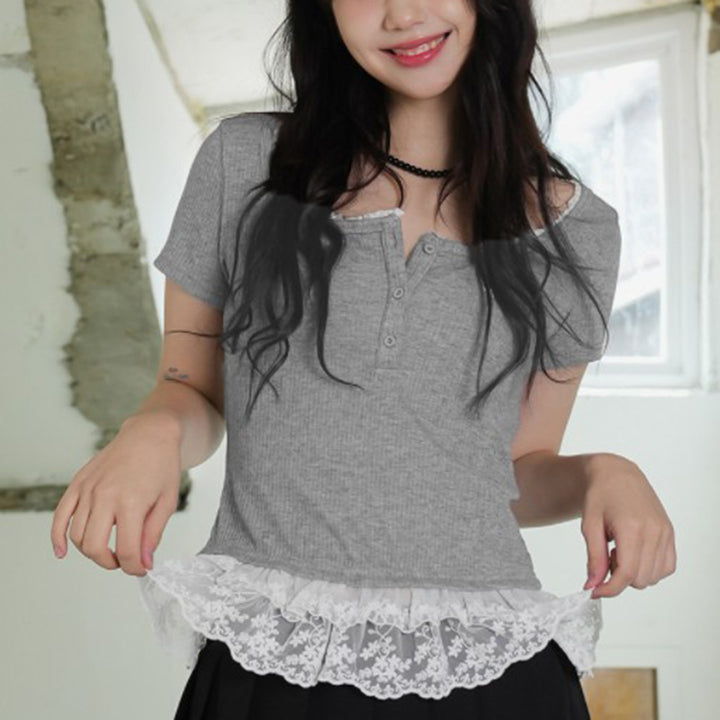 Lace Trim Ribbed Button Tee with Ruffle Hem – Grey - Vedlit
